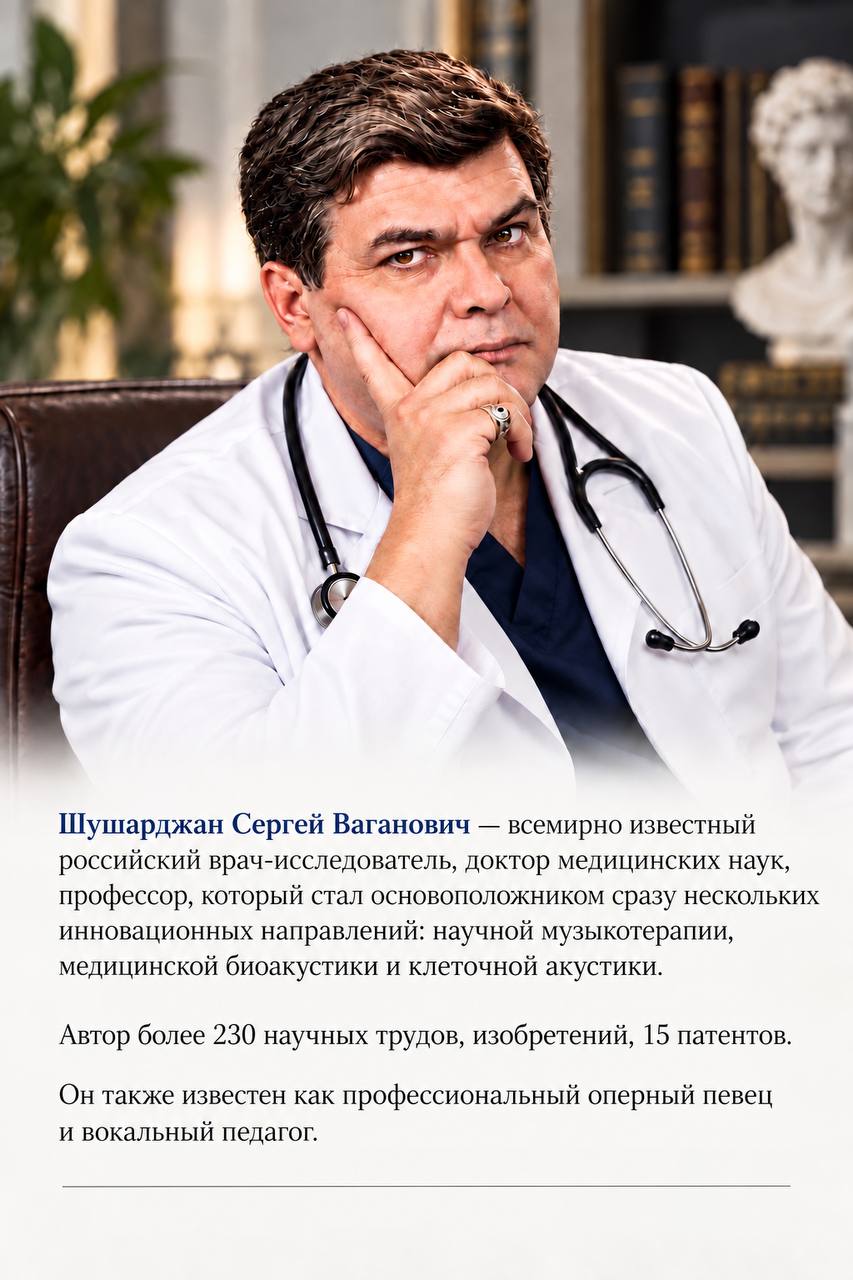 Шушарджан Сергей Ваганович — врач, д.м.н., профессор, основоположник научной музыкотерапии, медицинской биоакустики и клеточной акустики